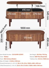 VEVOR 1000 mm Lift Top Coffee Table Fluted Oval Table Hidden Compartment Walnut