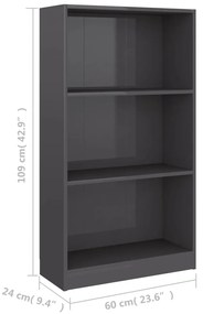 vidaXL Βιβλιοθήκη με 3 Ράφια Γυαλ. Γκρι 60x24x109 εκ. Επεξεργ. Ξύλο