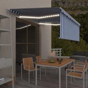 vidaXL Τέντα Συρόμενη Χειροκίνητη με Σκίαστρο &amp; LED Μπλε/Λευκό 4 x 3 μ
