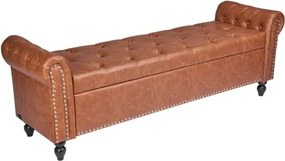 VEVOR Button-Tufted Storage Ottoman Bench Rolled Arm PU Leather Wood Legs Brown