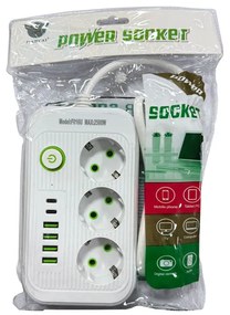 Πολύμπριζο 3 Θέσεων, 4USB και 2Type-C με διακόπτη - Power Socket
