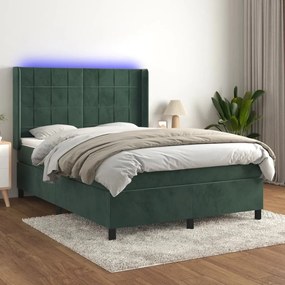 Κρεβάτι Boxspring με Στρώμα &amp; LED Σκ. Πράσινο 140x190εκ Βελούδο - Πράσινο