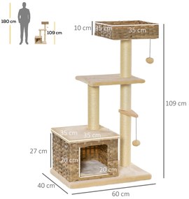 PawHut Δέντρο Γάτας από Rattan, Έπιπλο για Γατάκια με Σπηλιά, Μπάλα Παιχνιδιού, Σιζάλ, Μαλακό Βελούδο, PE, Ύψος 108 εκ., Καφέ+Μπεζ