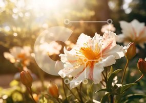 Intra Συλλεκτικό Ξύλινο Παζλ Plywood 4mm - Λευκά και πορτοκαλί λουλούδια σε έναν κήπο Σε Ξύλινο Κουτί - Διαστάσεις: 10x10 cm – 25 κομμάτια