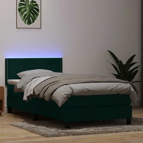 vidaXL Κρεβάτι Boxspring με Στρώμα &amp; LED σκούρο πράσινο 80x220εκ. Βελούδινο