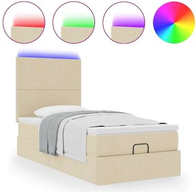 vidaXL Οθωμανικό κρεβάτι με στρώμα &amp; LEDs Cream 90x190cm ύφασμα