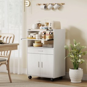 HOMCOM ντουλάπι μικροκυμάτων, ράφι, ντουλάπι διπλής πόρτας, συρτάρι, τροχοί, λευκό