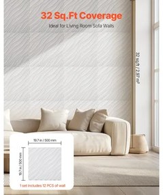 VEVOR 3D Wall Panels 12-Pack 19.7x19.7&#039;&#039; PVC 32 Sq.Ft Coverage Wave Matte White