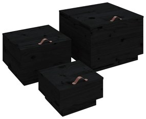 Κουτιά Αποθήκευσης με Καπάκια 3 τεμ.Μαύρο από άσπρο Ξύλο Πεύκου - Μαύρο