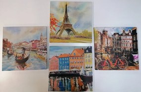 Σετ εικόνων ζωγραφισμένες πόλεις σε παστέλ χρώματα