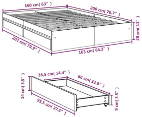 Πλαίσιο Κρεβατιού με συρτάρια Γκρι sonoma 160x200εκ. Επεξ. Ξύλο - Γκρι