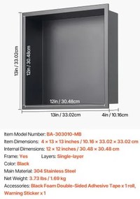 VEVOR Shower Niche 33.0 x 33.0 x 10.2 cm Recessed Wall Shelf Stainless Steel Black