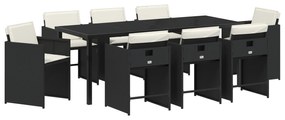 vidaXL Σετ εξωτερικής τραπεζαρίας 9 τεμαχίων με μαξιλάρια μαύρο πολυ-ρατάν