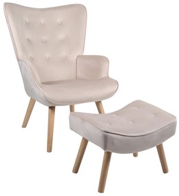 Πολυθρόνα Μπερζέρα Με Υποπόδιο ArteLibre ANIDORI Μπεζ Βελούδο/Ξύλο 73x69x96cm