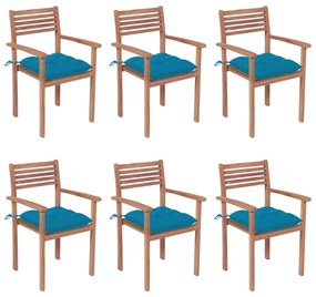 Καρέκλες Κήπου Στοιβαζ. 6 τεμ. από Μασίφ Ξύλο Teak με Μαξιλάρια - Μπλε