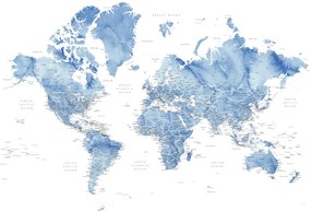 Χάρτης Watercolor world map with cities in muted blue, Vance, Blursbyai