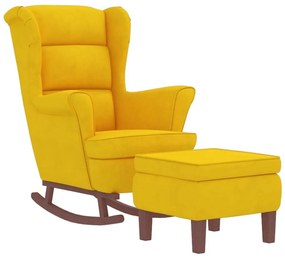 Κουνιστή Πολυθρόνα με Ξύλινα Πόδια Κίτρινη Βελούδινη με Σκαμπό - Κίτρινο