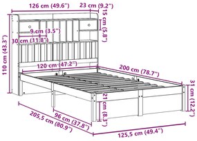 Κρεβάτι Βιβλιοθήκη Χωρίς Στρώμα 120x200 εκ Μασίφ Ξύλο Πεύκο - Λευκό