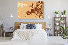 Εικόνα στον εκπαιδευτικό χάρτη από φελλό με ονόματα χωρών της ΕΕ σε αποχρώσεις του καφέ - 90x60  wooden