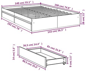 Πλαίσιο Κρεβατιού με συρτάρια Sonoma Δρυς 140x190εκ. Επεξ. Ξύλο - Καφέ