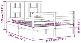 Πλαίσιο Κρεβατιού με Κεφαλάρι 140x190 εκ. από Μασίφ Ξύλο - Καφέ