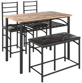 Σετ Τραπεζαρίας HOMCOM 4 τεμαχίων, Σετ Εξοικονόμησης Χώρου με Τραπέζι, 2 Καρέκλες και Πάγκο, για Μικρούς Χώρους, Μέταλλο, Ξύλο, Καφέ