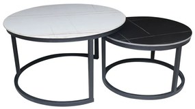 TERRY Set2 Τραπεζάκια Σαλονιού , Μέταλλο Βαφή Μαύρο, Sintered Stone White-Black Marble Φ.80 H.48cm Φ.60 H.40cm ΕΜ526,S