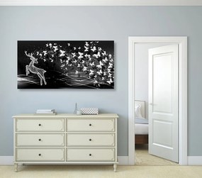 Εικόνα ενός όμορφου ελαφιού με πεταλούδες σε μαύρο & άσπρο - 120x60