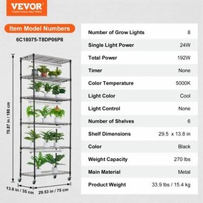 VEVOR DIY Plant Stand with Grow Lights 6 Tiers 192W 70.9&quot; Tall Plant Grow Shelf