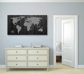 Εικόνα ασπρόμαυρο χάρτη με πυξίδα σε ξύλο - 100x50