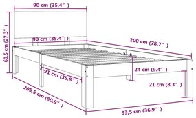 Πλαίσιο Κρεβατιού Καφέ Μελί 90 x 200 εκ. από Μασίφ Ξύλο Πεύκου - Καφέ