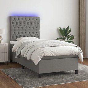 vidaXL Κρεβάτι Boxspring με Στρώμα &amp; LED Σκ.Γκρι 90x200 εκ. Υφασμάτινο