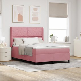 vidaXL κρεβάτι box spring με στρώμα & LED Ροζ 140x200 εκ Βελούδο