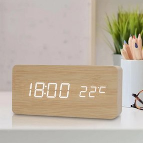 Επιτραπέζιο Ξύλινο Ψηφιακό Ρολόι με οθόνη LED, Ξυπνητήρι, Θερμόμετρο - Μπεζ