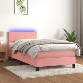 3134266 vidaXL Κρεβάτι Boxspring με Στρώμα &amp; LED Ροζ 90x200 εκ. Βελούδινο Ροζ, 1 Τεμάχιο