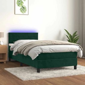 vidaXL Κρεβάτι Boxspring με Στρώμα &amp; LED Σκ. Πράσινο 90x190 εκ Βελούδο