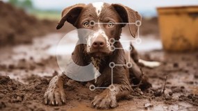 Σετ των 2 Intra Συλλεκτικό Ξύλινο Παζλ Plywood  4mm - Καφέ και λευκό σκυλί ξαπλωμένο στη λάσπη Σε Ξύλινο Κουτί - Διαστάσεις: 10x10 cm – 25 κομμάτια