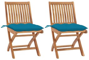 Καρέκλες Κήπου 2 τεμ. από Μασίφ Ξύλο Teak με Γαλάζια Μαξιλάρια - Μπλε