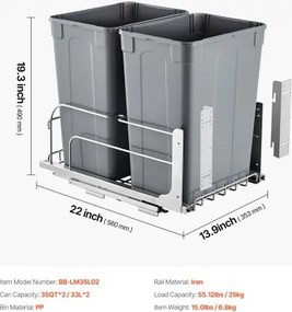 VEVOR Double Pullout Waste Container Kitchen Trash Can Soft Close Grey 35QTx2