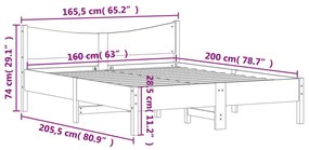 Πλαίσιο Κρεβατιού με Κεφαλάρι Μελί 160x200εκ. Μασίφ Ξύλο Πεύκου - Καφέ