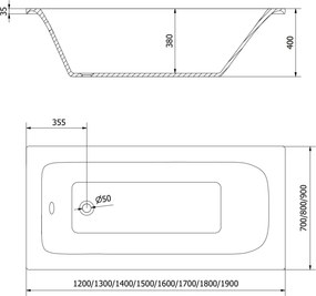 Mexen Vega παραλληλόγραμμη μπανιέρα 180 x 80 cm, λευκή - 55011808000