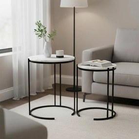 Boηθητικά τραπέζια σαλονιού σετ 2τεμ Luxere Inart μαύρο μέταλλο-λευκό μαρμάρου 40x40x53 εκ.