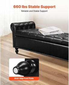 VEVOR Button-Tufted Storage Ottoman Bench Rolled Arm PU Leather Wood Legs Black