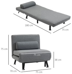 HOMCOM Αναδιπλούμενη πολυθρόνα με λειτουργία κρεβατιού, αναδιπλούμενη πολυθρόνα με όψη λινό, ρυθμιζόμενη πλάτη, 75 x 70 x 75 cm, Σκούρο γκρι