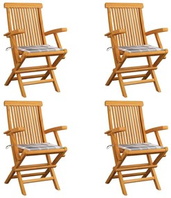 vidaXL Καρέκλες Κήπου 4 τεμ. Μασίφ Ξύλο Teak με Γκρι Καρό Μαξιλάρια