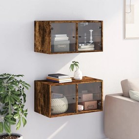 vidaXL Κομοδίνα 2 τεμ. Καπνιστή Δρυς 68,5x37x35 εκ. με Γυάλινες Πόρτες