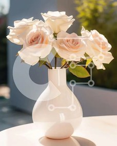 Σετ των 2 Intra Συλλεκτικό Ξύλινο Παζλ Plywood 4mm - Λευκό βάζο με ροζ τριαντάφυλλα στο τραπέζι Σε Ξύλινο Κουτί - Διαστάσεις: 10x10 cm – 25 κομμάτια