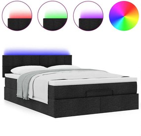 vidaXL Οθωμανικό κρεβάτι με στρώμα &amp; LEDs Μαύρο 140x200 cm Ύφασμα