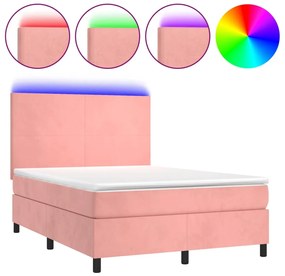 vidaXL Κρεβάτι Boxspring με Στρώμα &amp; LED Ροζ 140x200 εκ. Βελούδινο