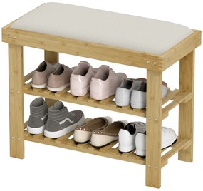 HOMCOM Παπουτσοθήκη με κάθισμα, Μπαμπού πάγκος με αποθηκευτικό χώρο, 2 ανοιχτά ράφια, Πάγκος 60 x 29 x 49 cm Κρεμ Λευκό